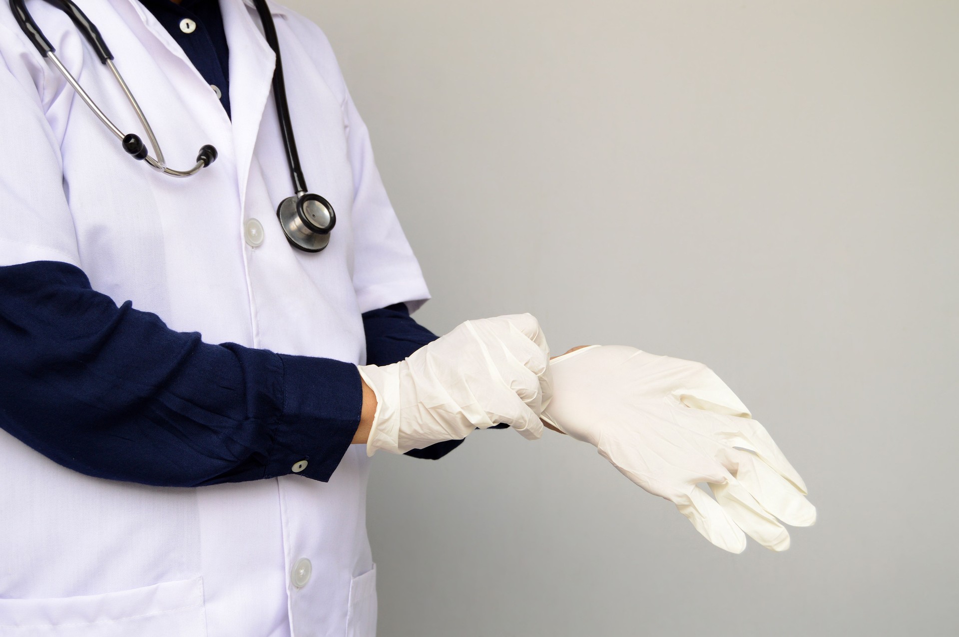 Horizontal photograph of one unidentifiable unrecognisable doctor with dark blue shirt, white lab coat, stethoscope getting ready by putting on surgical gloves in her hand over gray background with copy space for text